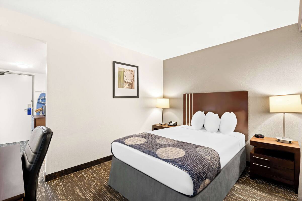 A hotel room with a large bed, two bedside tables, a chair, a desk, and a framed picture on the wall.