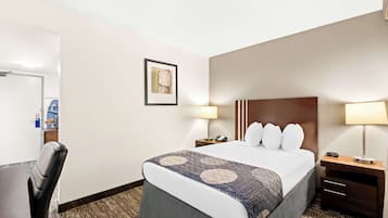 Habitación de hotel con una cama grande, dos mesitas de noche, una silla, un escritorio y un cuadro en la pared.