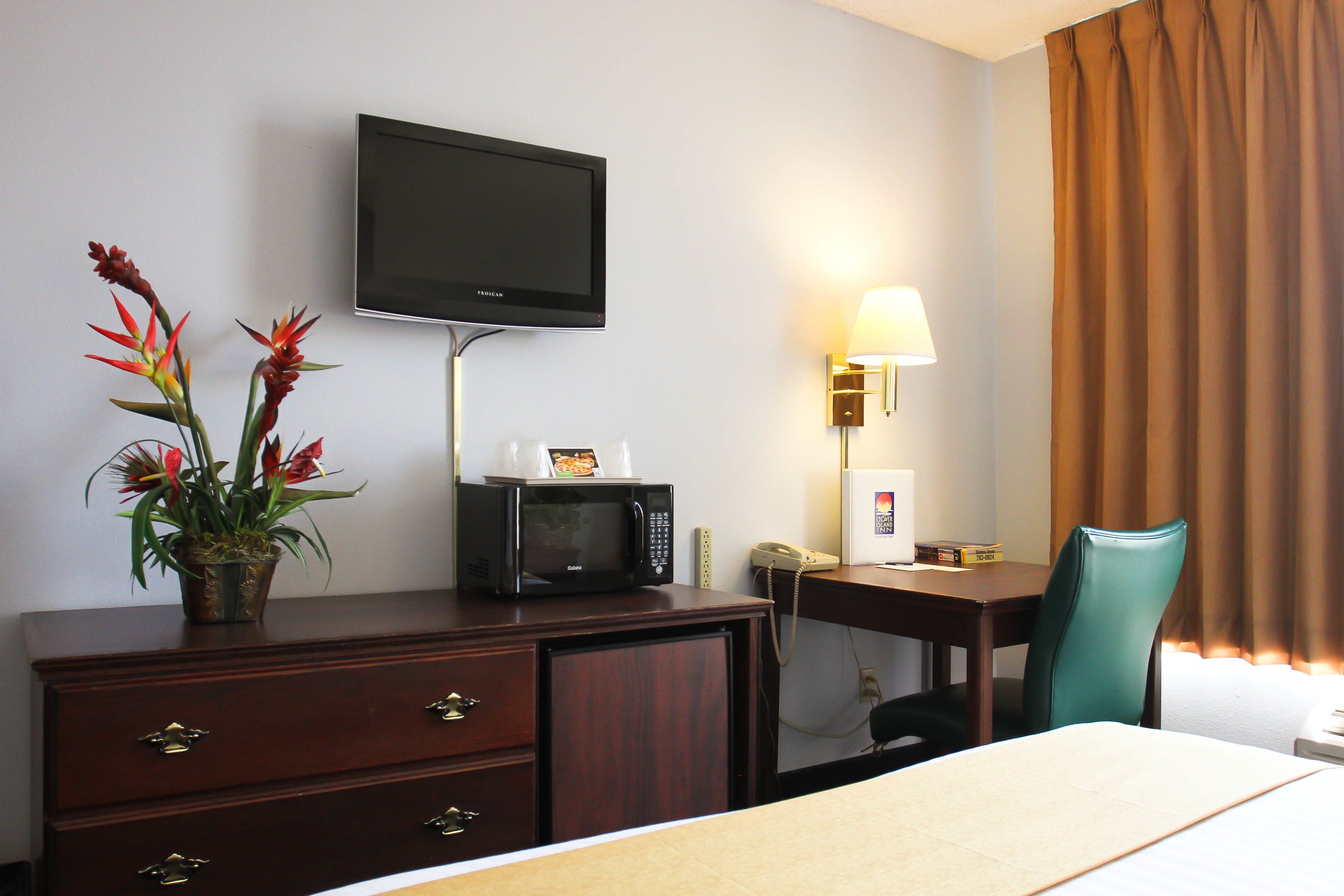 Hotelkamer met een bed, een bureau met telefoon, een magnetron, een televisie, een lamp en een plant.
