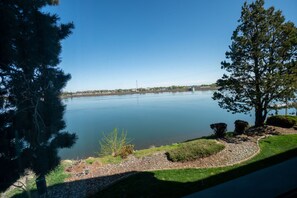 A calm lake with a clear sky, surrounded by trees and a grassy area with a pathway.