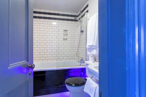 Hair dryer, towels, soap, shampoo