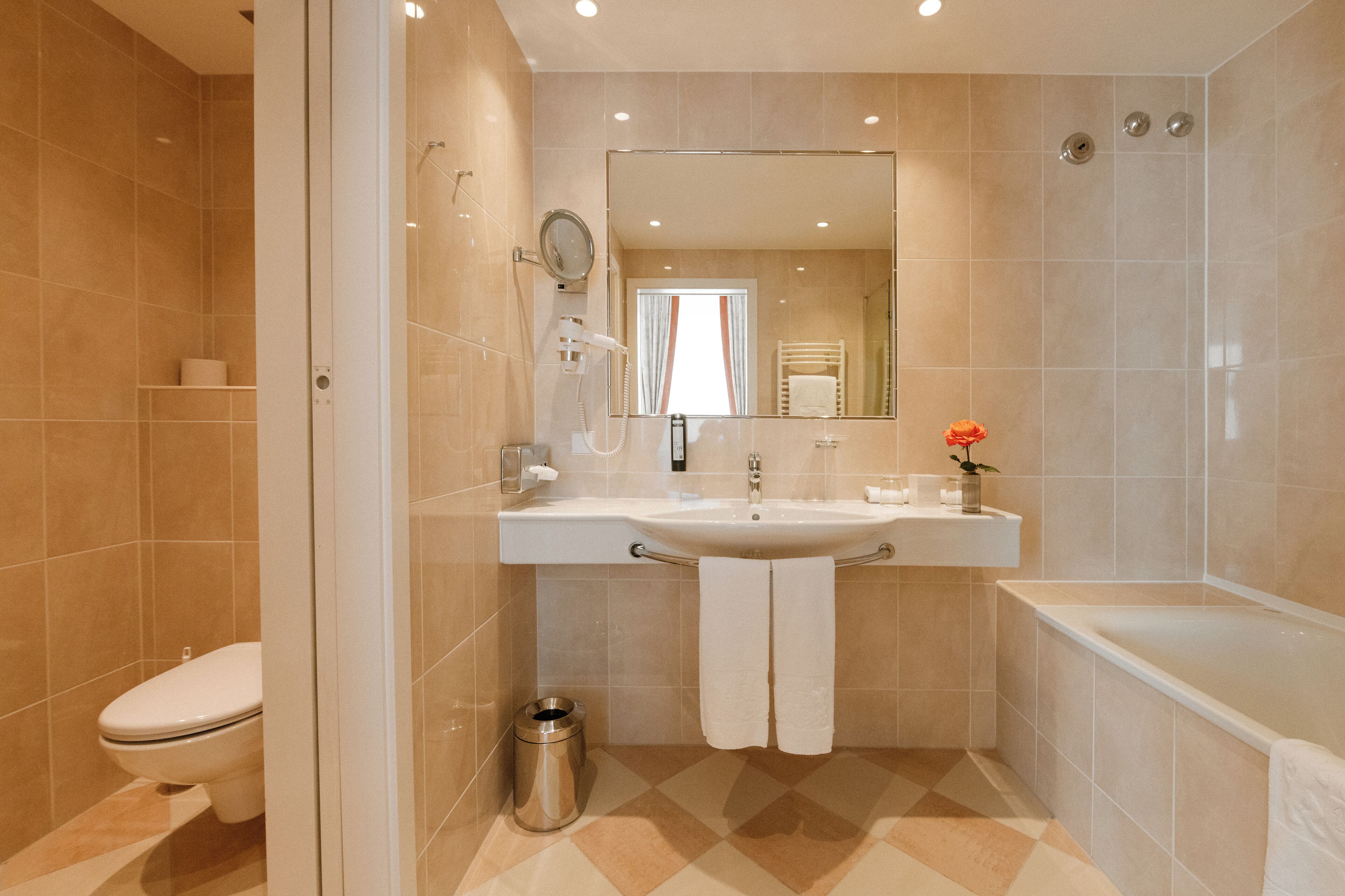 eco-friendly toiletries, hair dryer, towels