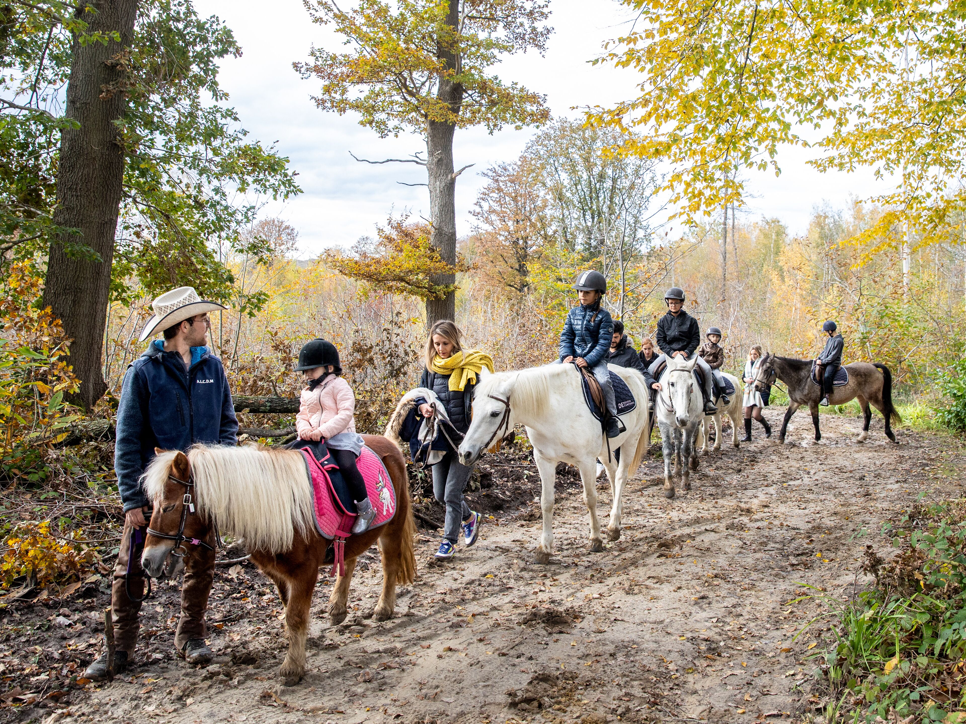 Un grupo de personas montando a caballo por un sendero de tierra rodeado de árboles con follaje otoñal.