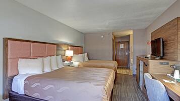 A hotel room with two beds, a desk, a chair, a television, and a nightstand with a lamp.