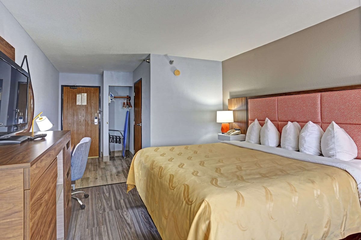 A hotel room with a bed, a desk, a chair, a television, and a lamp.