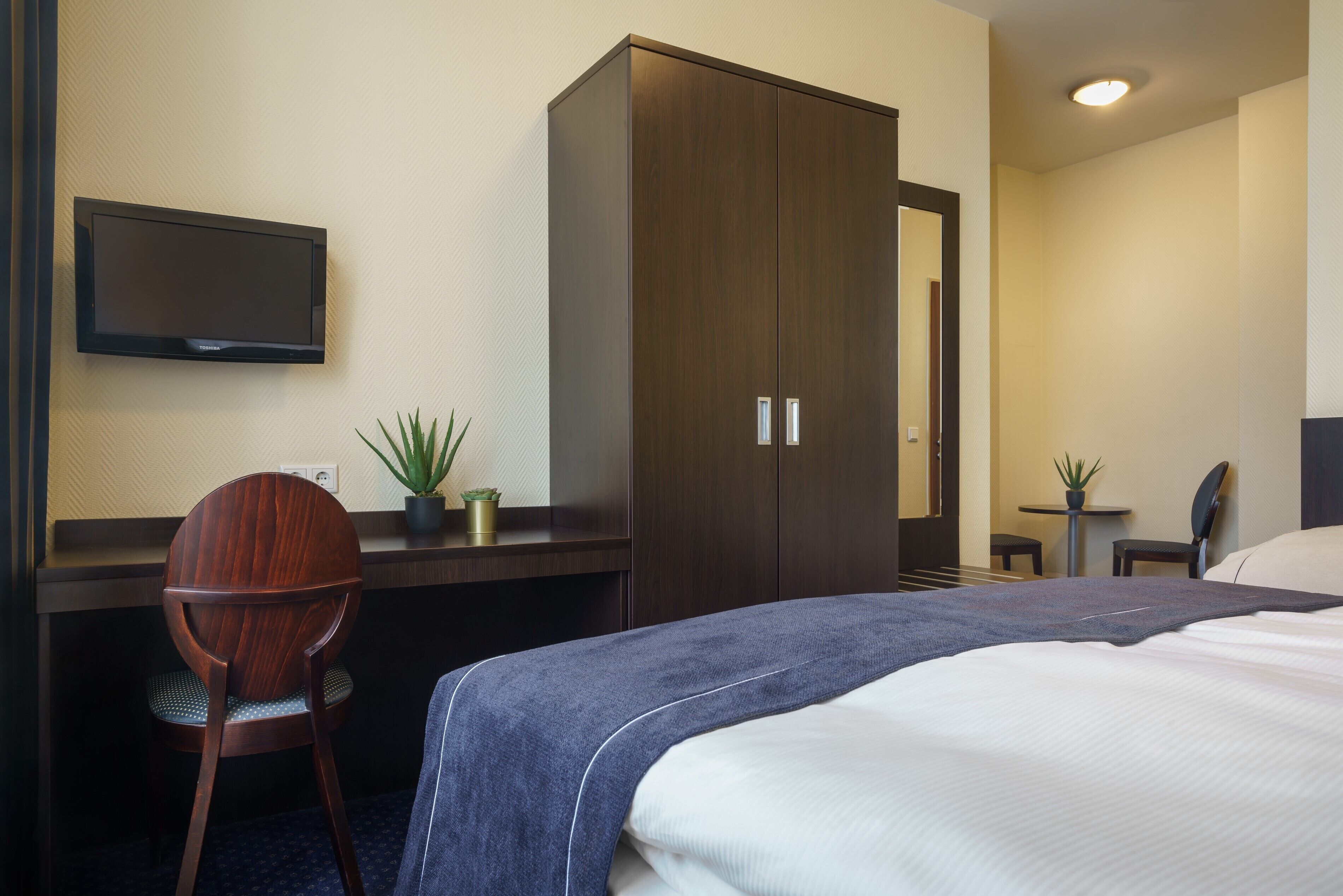 A hotel room with a bed, a desk, a chair, a wardrobe, a television, and a small table with a plant.