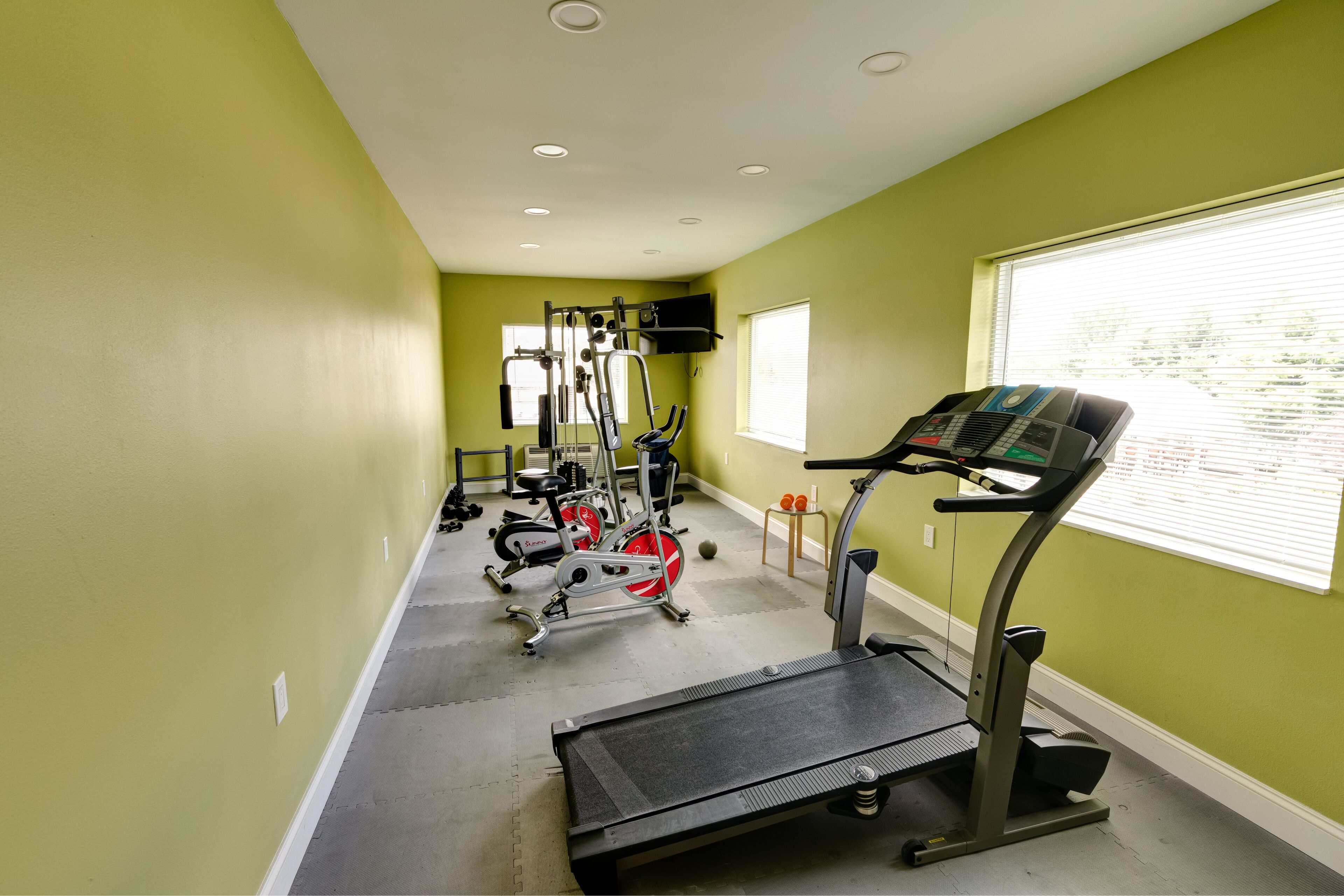 A gym with a treadmill, elliptical, and weight machines.