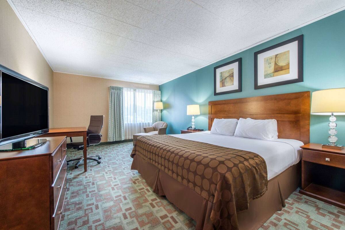 A hotel room with a bed, desk, TV, and two framed pictures on the wall.