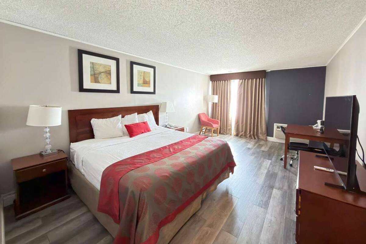 A hotel room with a bed, a desk, a chair, a TV, and artwork on the wall.