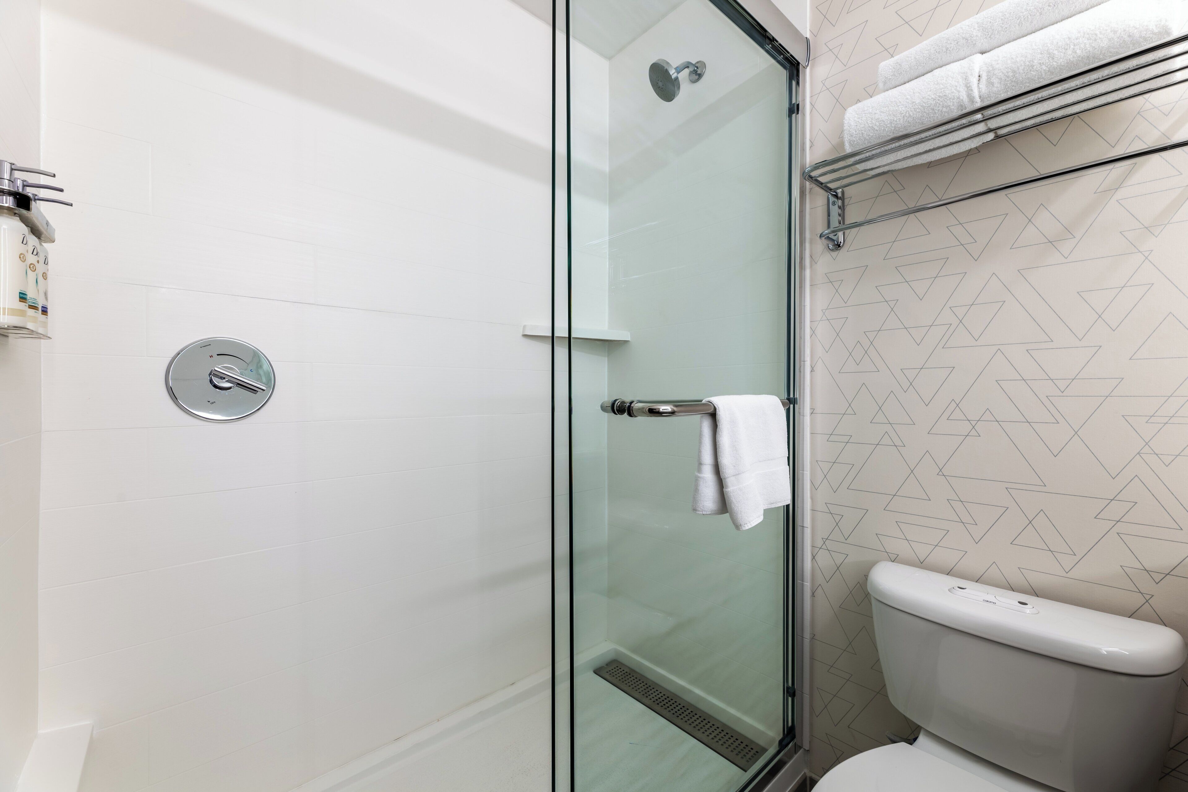 A modern bathroom with a glass shower enclosure, a toilet, and a towel rack.