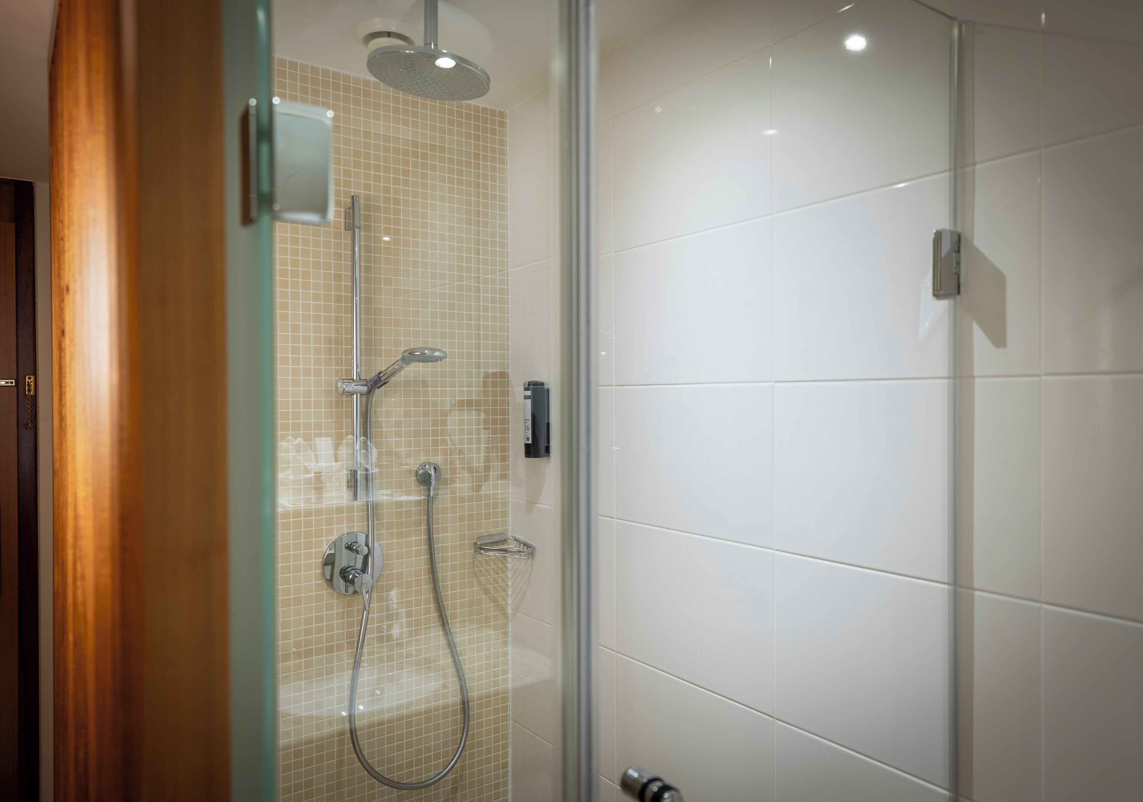 Eine moderne Dusche mit Glast ür, Handbrause und Armaturen an der Wand.