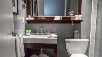 Hair dryer, towels, soap, shampoo