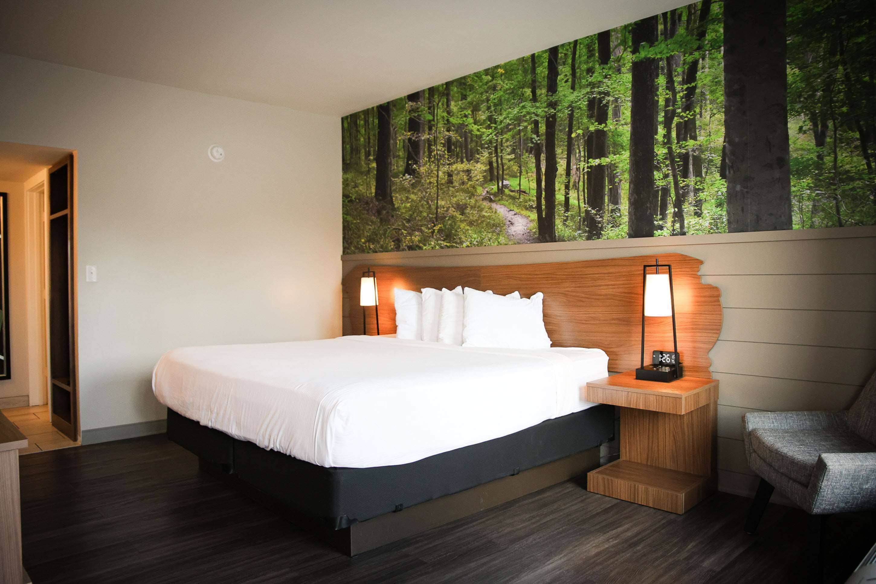 Une chambre d’hôtel avec un grand lit, une tête de lit en bois et une fresque murale sur le thème de la forêt.
