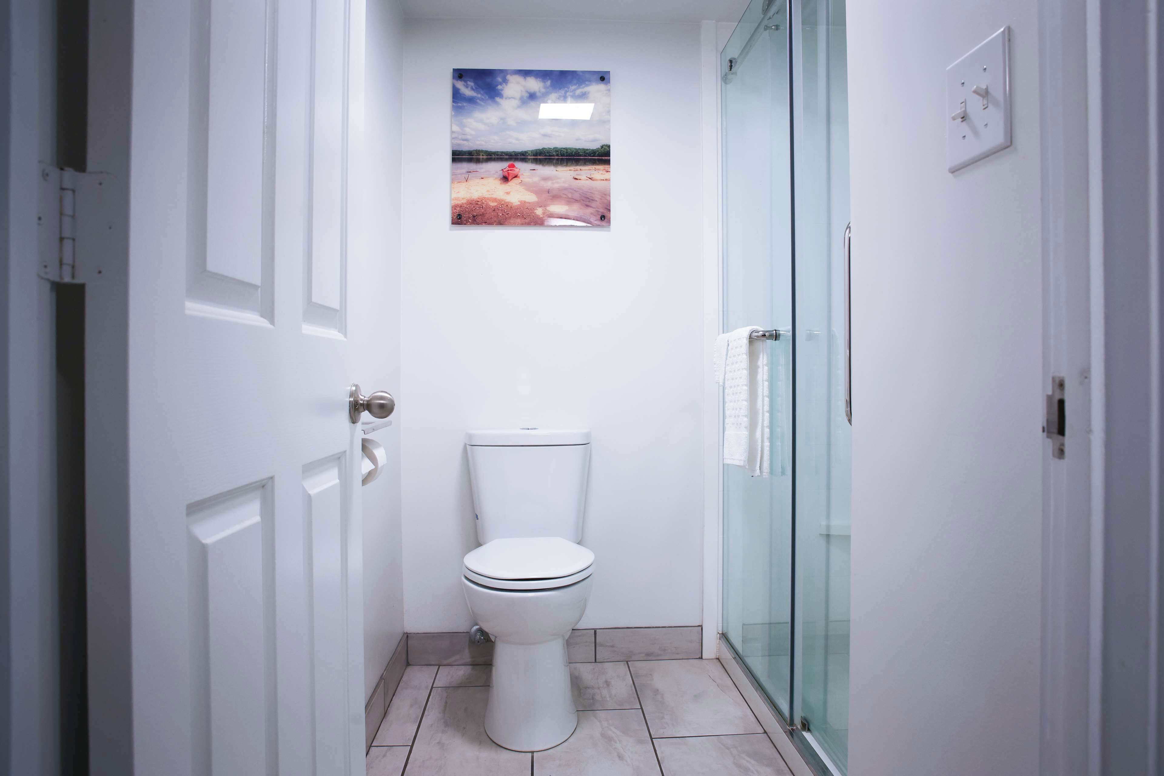 A small bathroom with a toilet, a glass shower enclosure, and a wall-mounted picture of a beach scene.