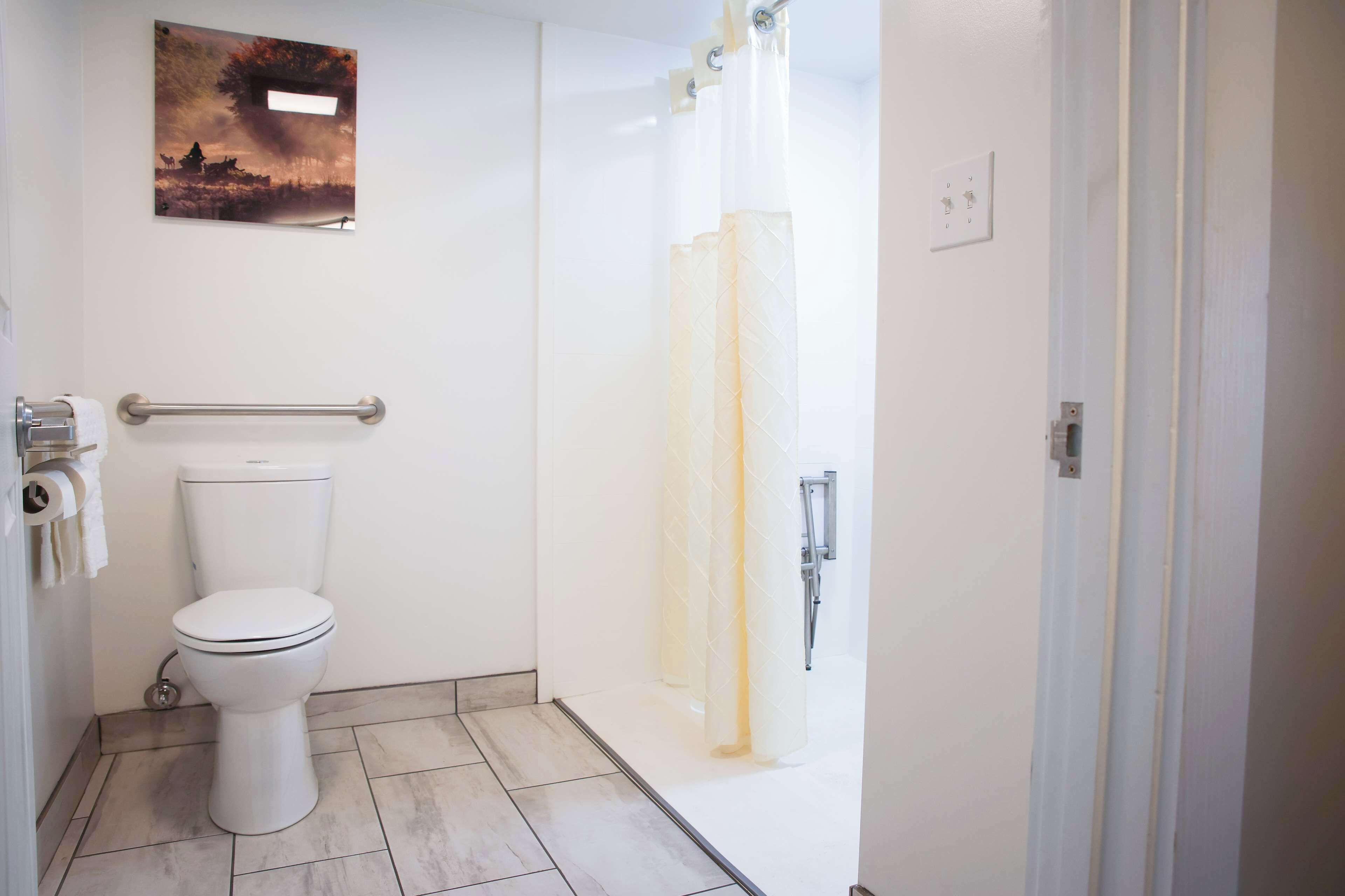 Un baño con inodoro, cortina de ducha y toallero.