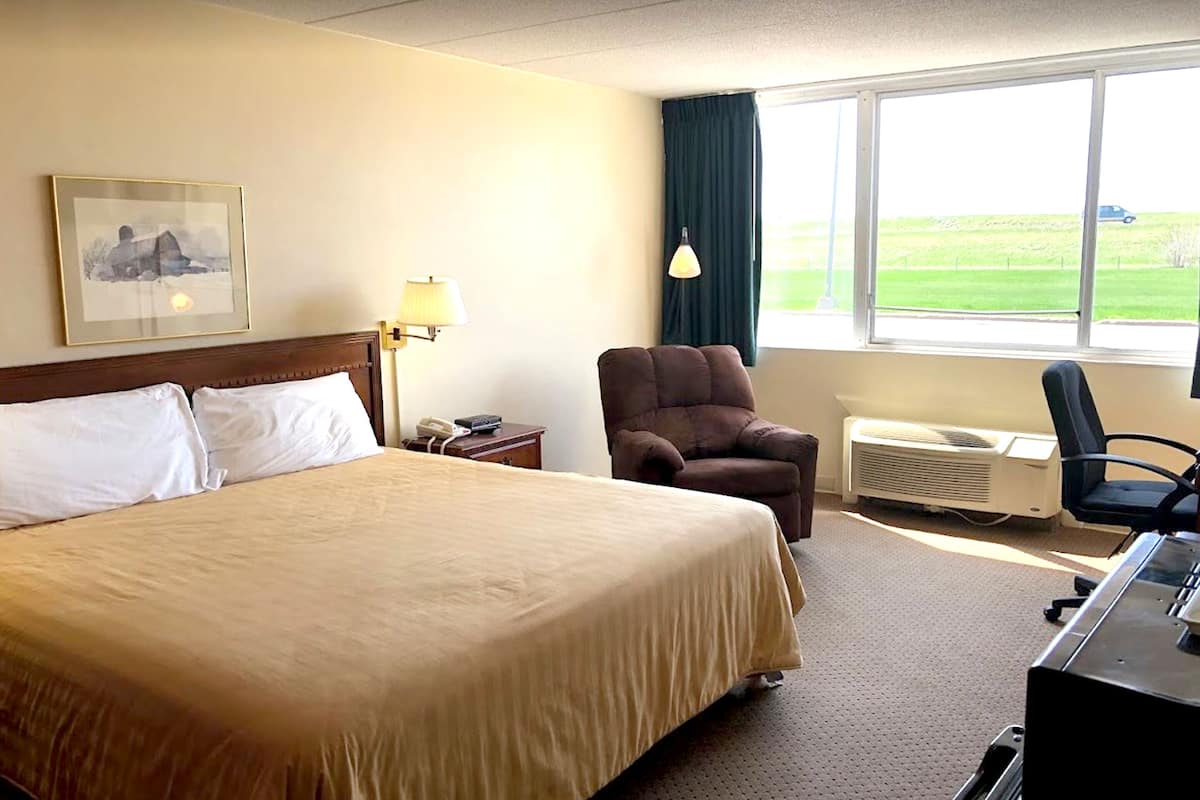 A hotel room with a large bed, a desk with a computer, a chair, a lamp, and a window with a view of a green field.