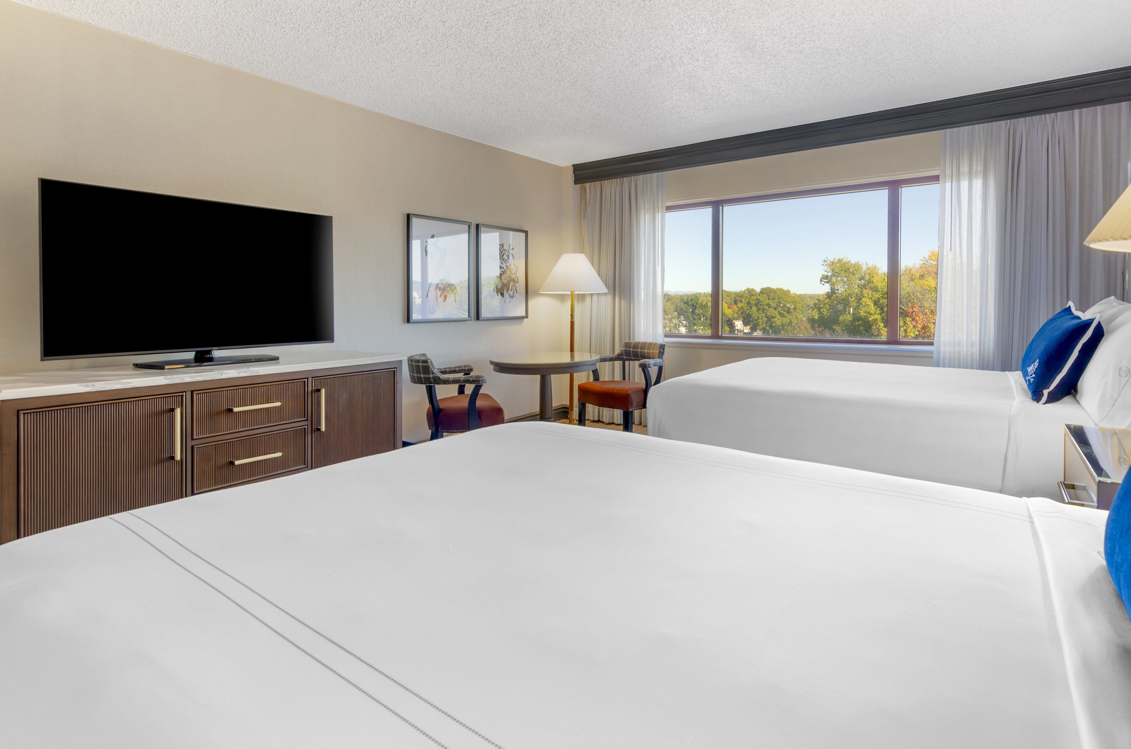 Hotelkamer met een groot bed, een bureau, een flatscreen televisie, een stoel, een lamp en een raam met uitzicht op bomen.
