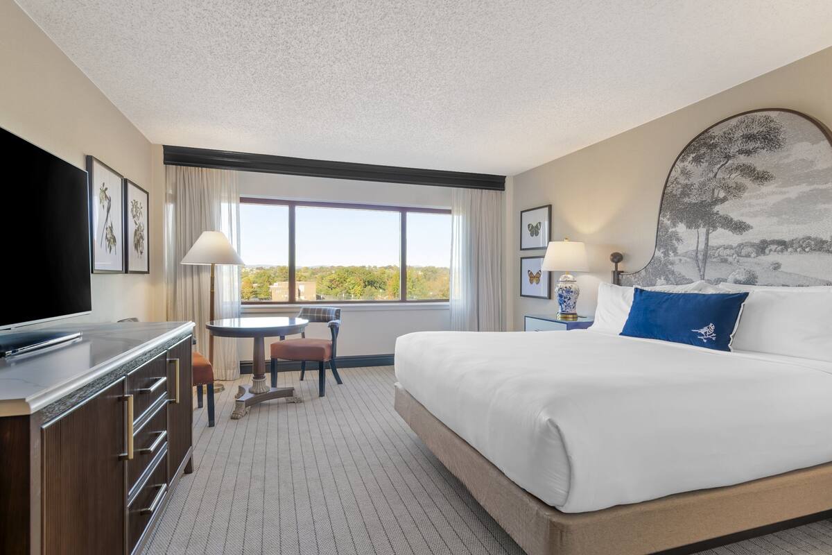 A hotel room with a large bed, a desk with a chair, a television, and a window with a view of the outdoors.