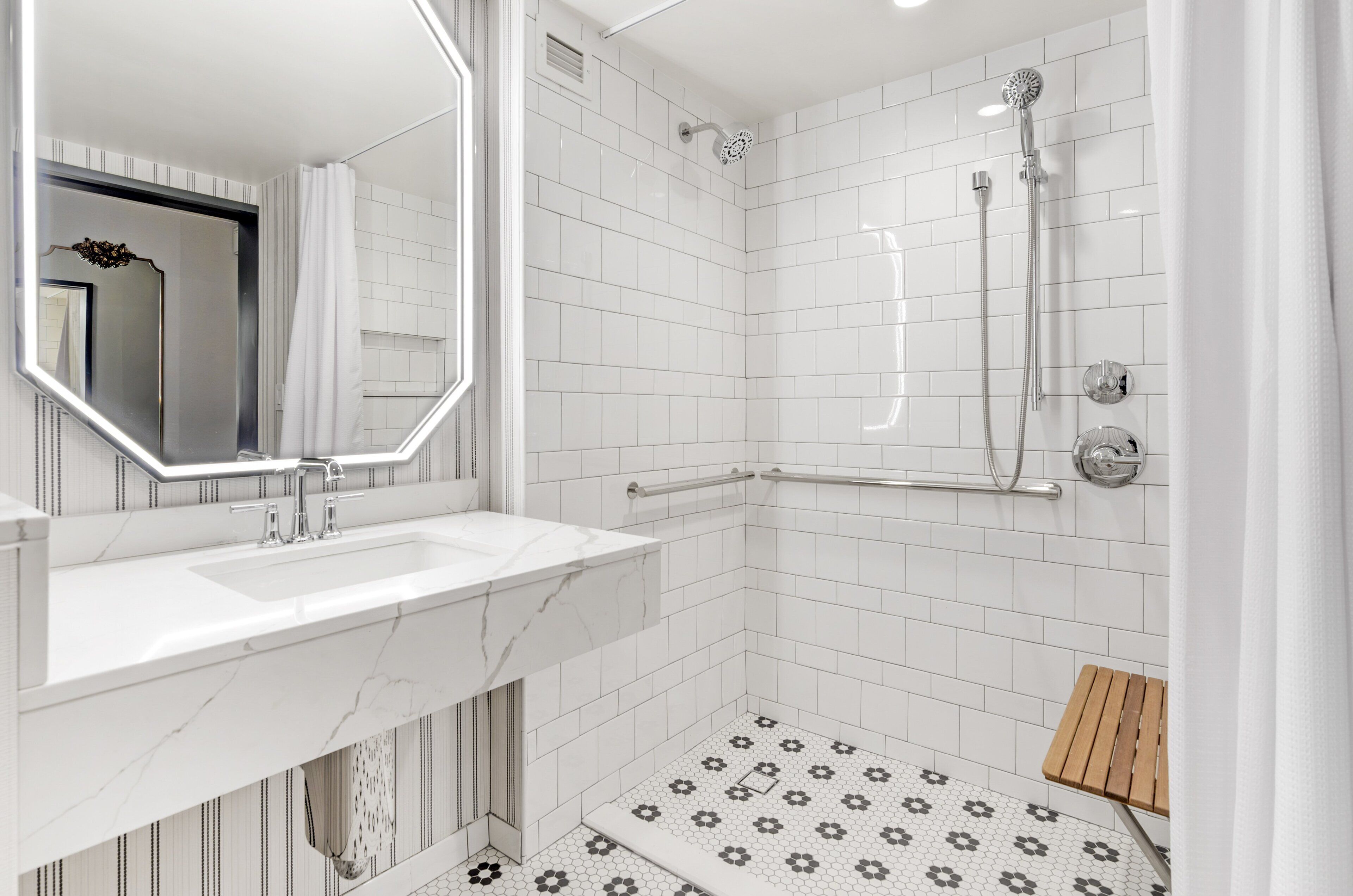 combined shower/bathtub, free toiletries, hair dryer, bathrobes