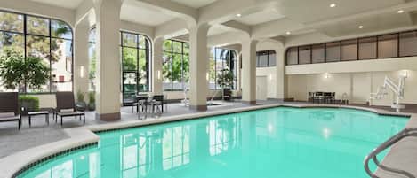 Indoor pool, open 6:00 AM to 10:00 PM, sun loungers