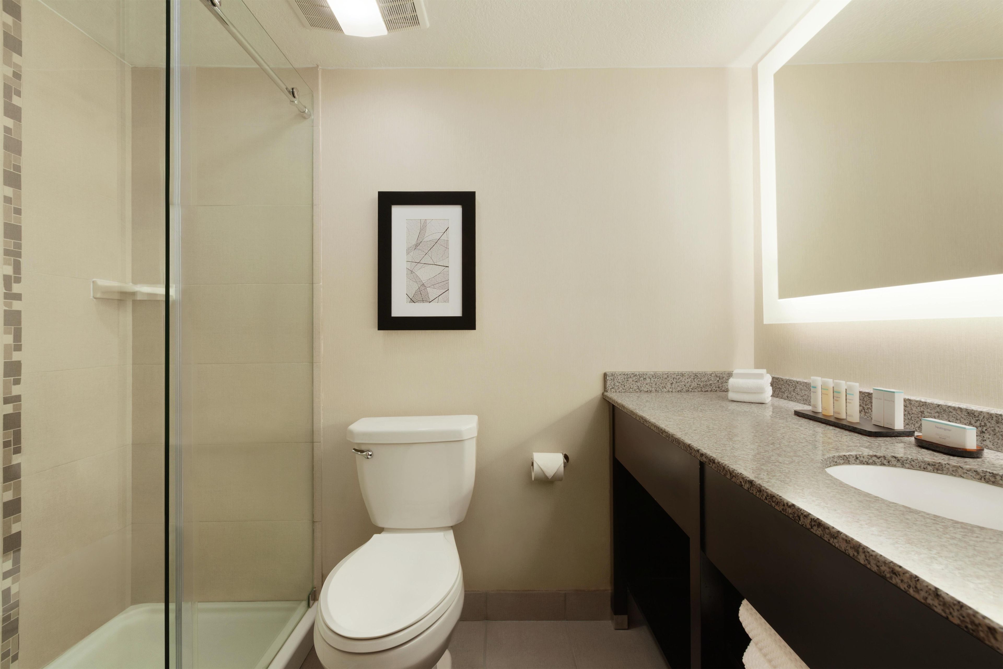 A bathroom with a glass shower enclosure, a toilet, a sink, and a framed picture on the wall.