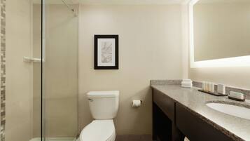 A bathroom with a glass shower enclosure, a toilet, a sink, and a framed picture on the wall.