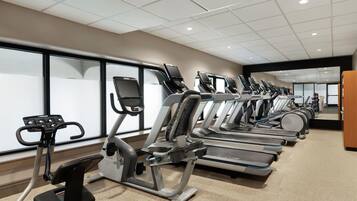Række af træningsmaskiner i et fitnesscenter med flisebelagt loft og store vinduer.