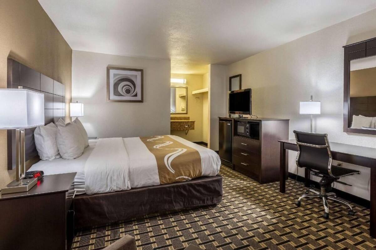 A hotel room with a bed, desk, chair, television, and a mirror.