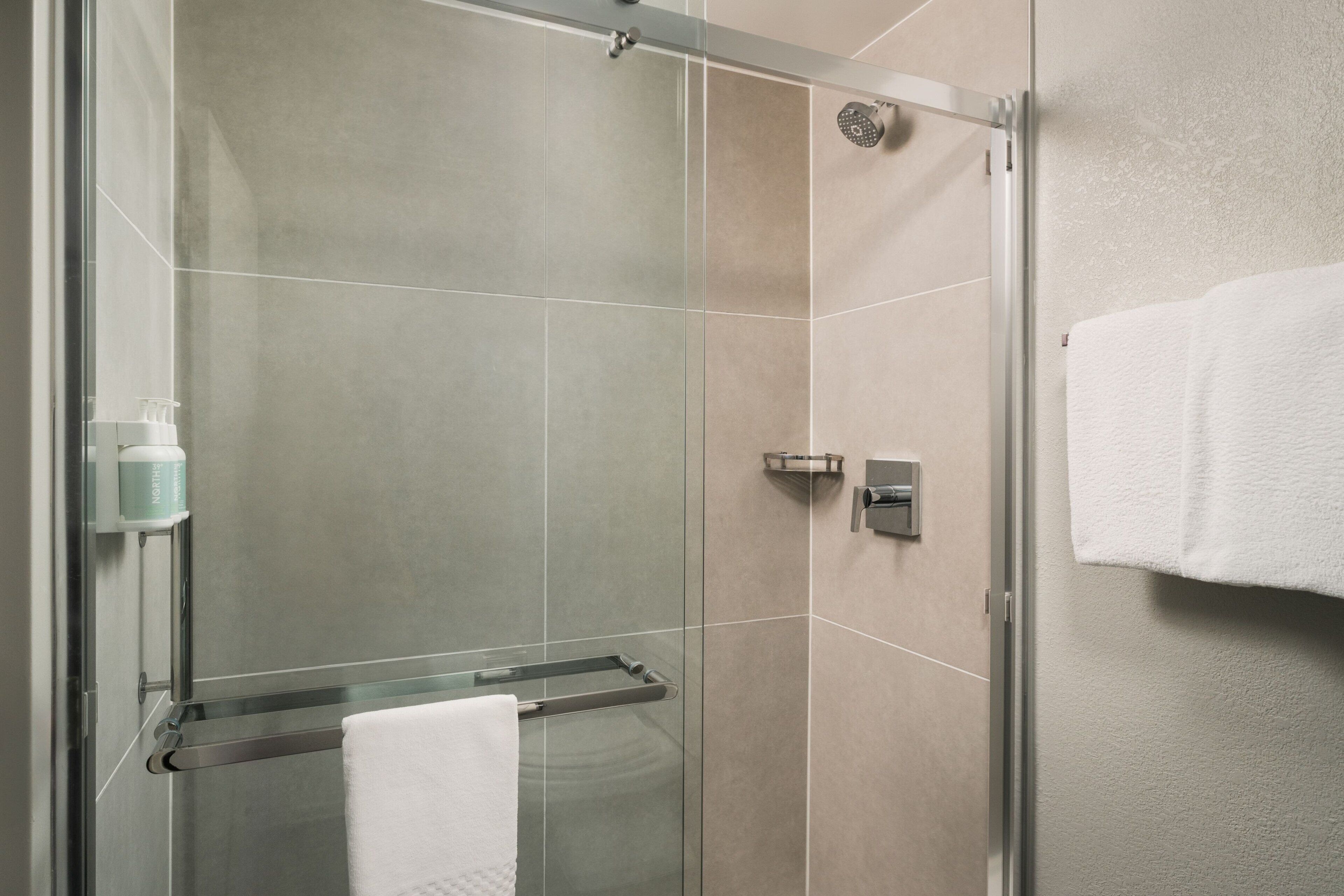Un espace douche moderne doté d’une porte en verre, d’un porte-serviettes et d’un distributeur de savon.