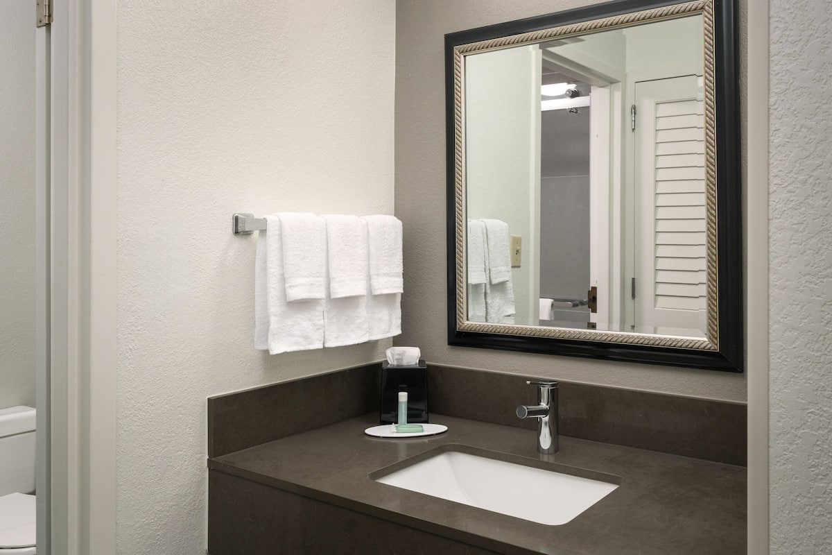 combined shower/bathtub, eco-friendly toiletries, hair dryer, towels