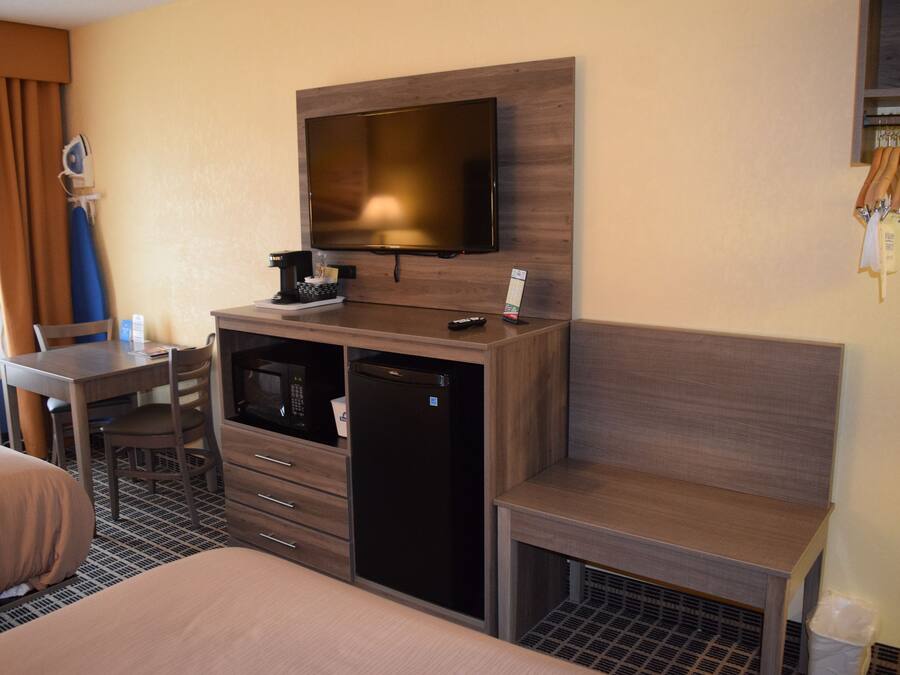 A hotel room with a bed, a desk with a chair, a television mounted on the wall, a mini-fridge, and a trash bin.