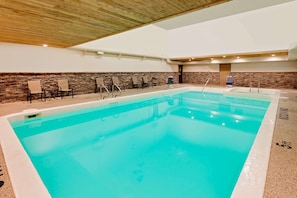 Indoor pool, open 8 AM to 11 PM, pool loungers