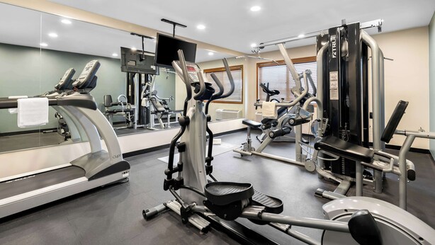 Une salle de sport équipée de machines de cardio, de matériel d’entraînement en force et dotée d’un mur avec des miroirs.