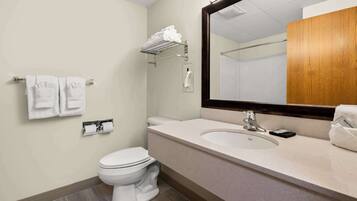 Ein modernes Badezimmer mit Toilette, Waschbecken und Spiegel.