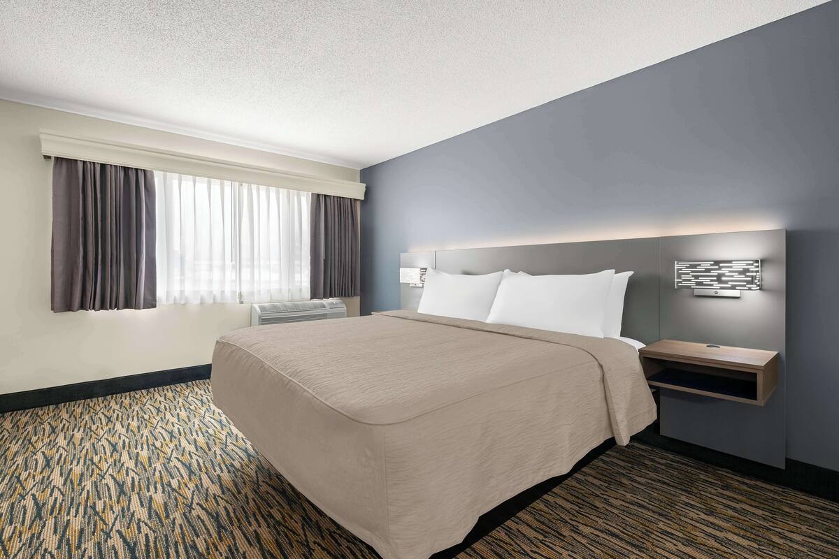 A hotel room with a large bed, a bedside table, a wall-mounted light, and a window with curtains.