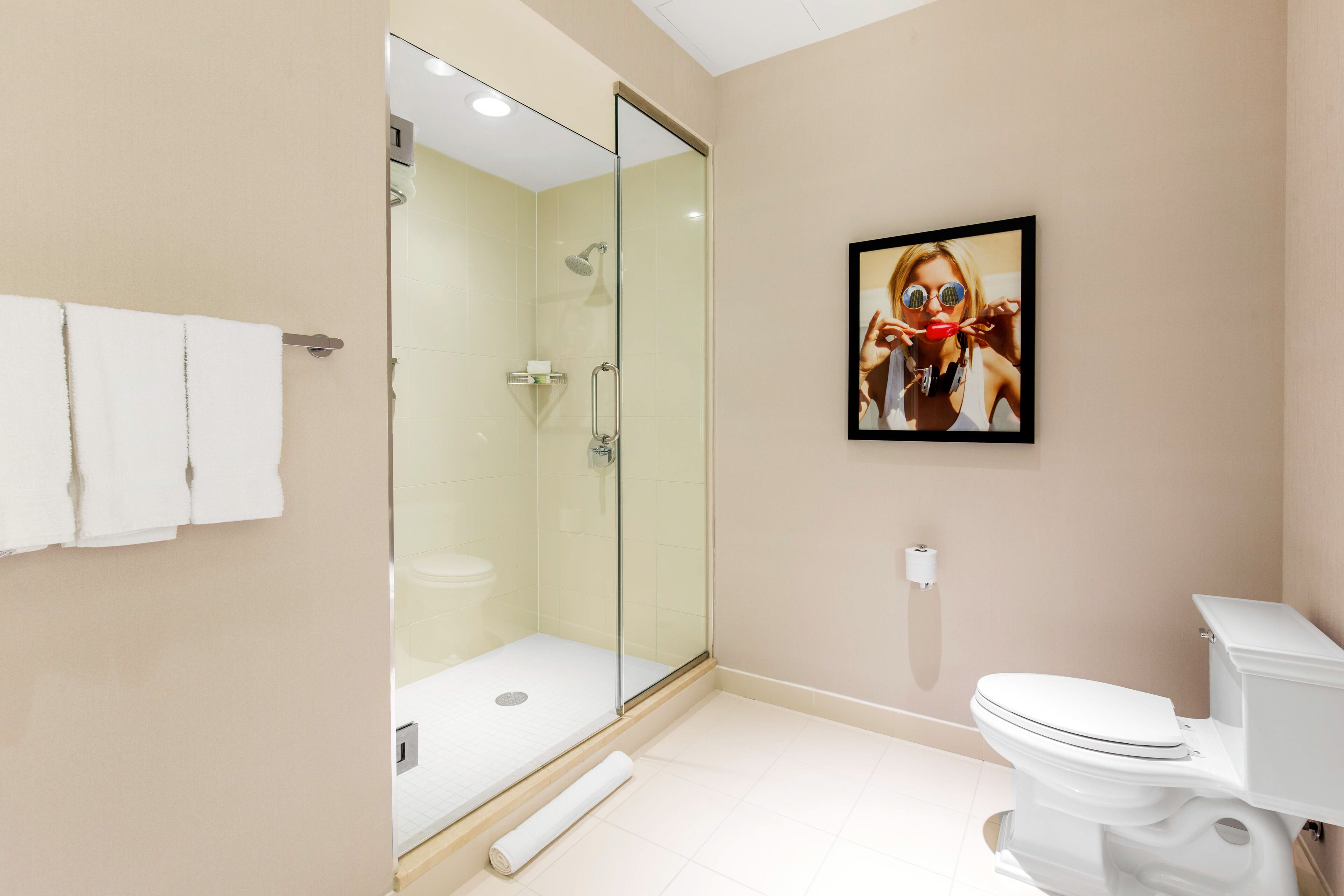 A modern bathroom with a glass-enclosed shower, a toilet, and a framed picture on the wall.