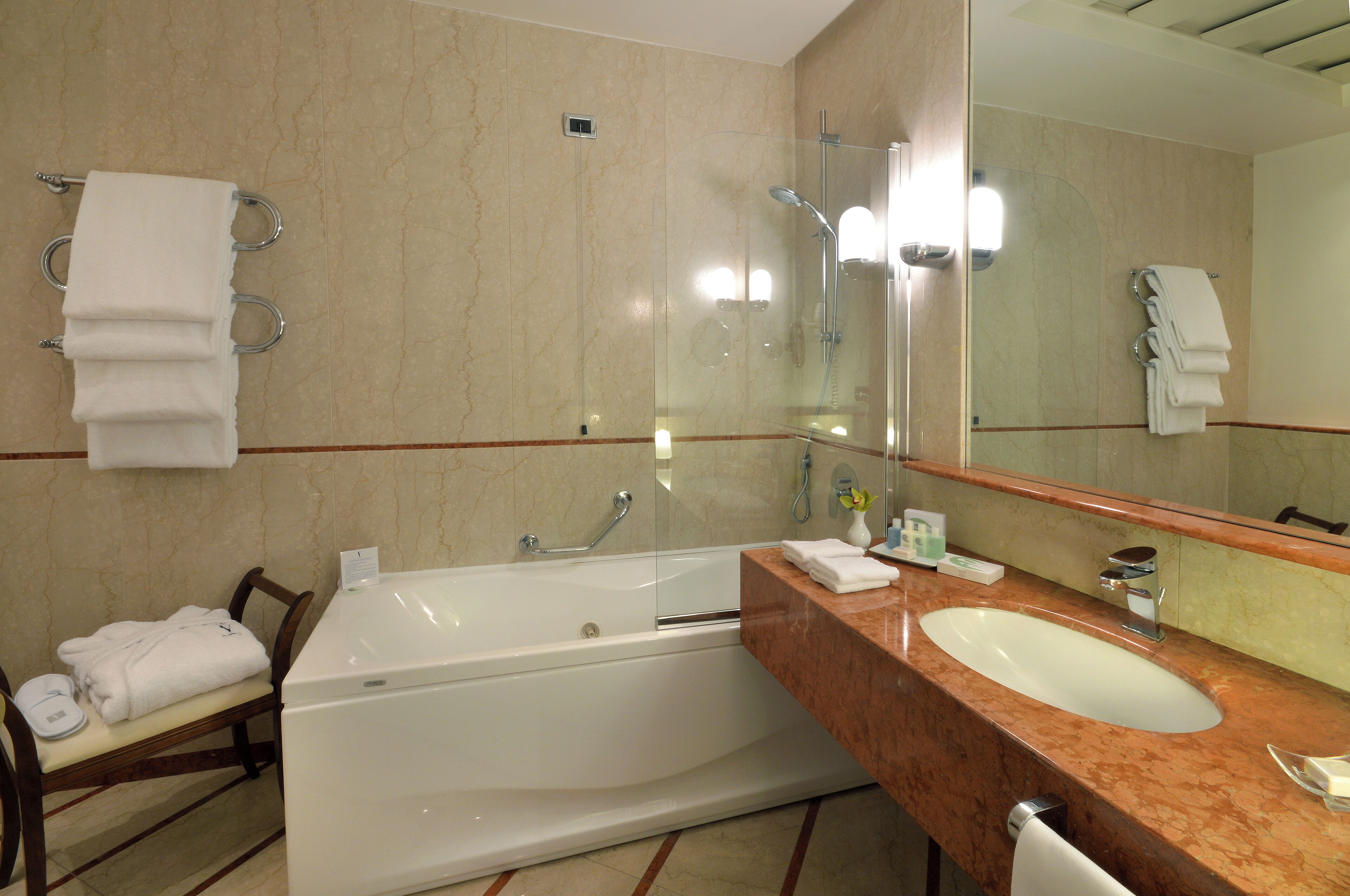 free toiletries, hair dryer, bathrobes, slippers