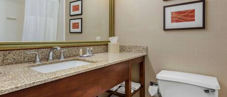 A bathroom with a granite countertop, two sinks, a mirror, a toilet, and framed artwork on the wall.