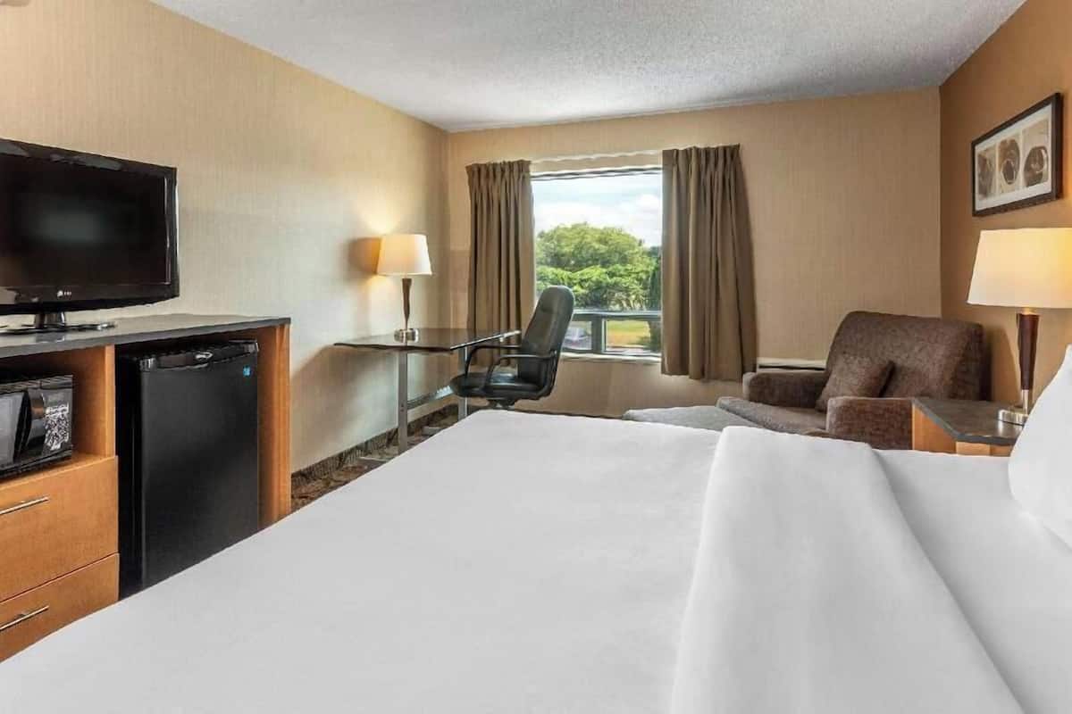 Une chambre d’hôtel comprenant un lit, un bureau avec une chaise, une télévision, un réfrigérateur et une fenêtre avec des rideaux.