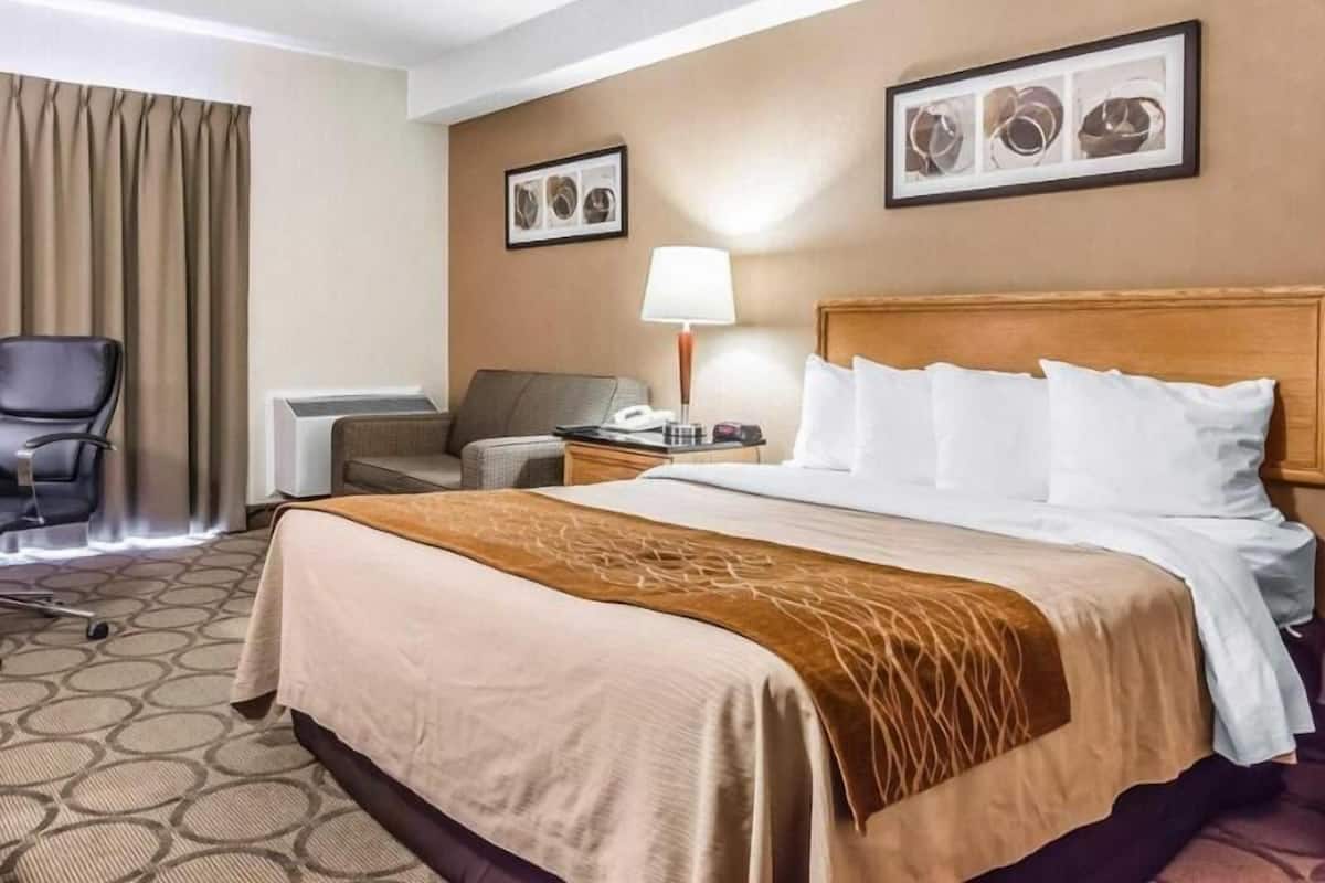 Une chambre d’hôtel avec un lit, un bureau, une chaise, une lampe et un tableau au mur.