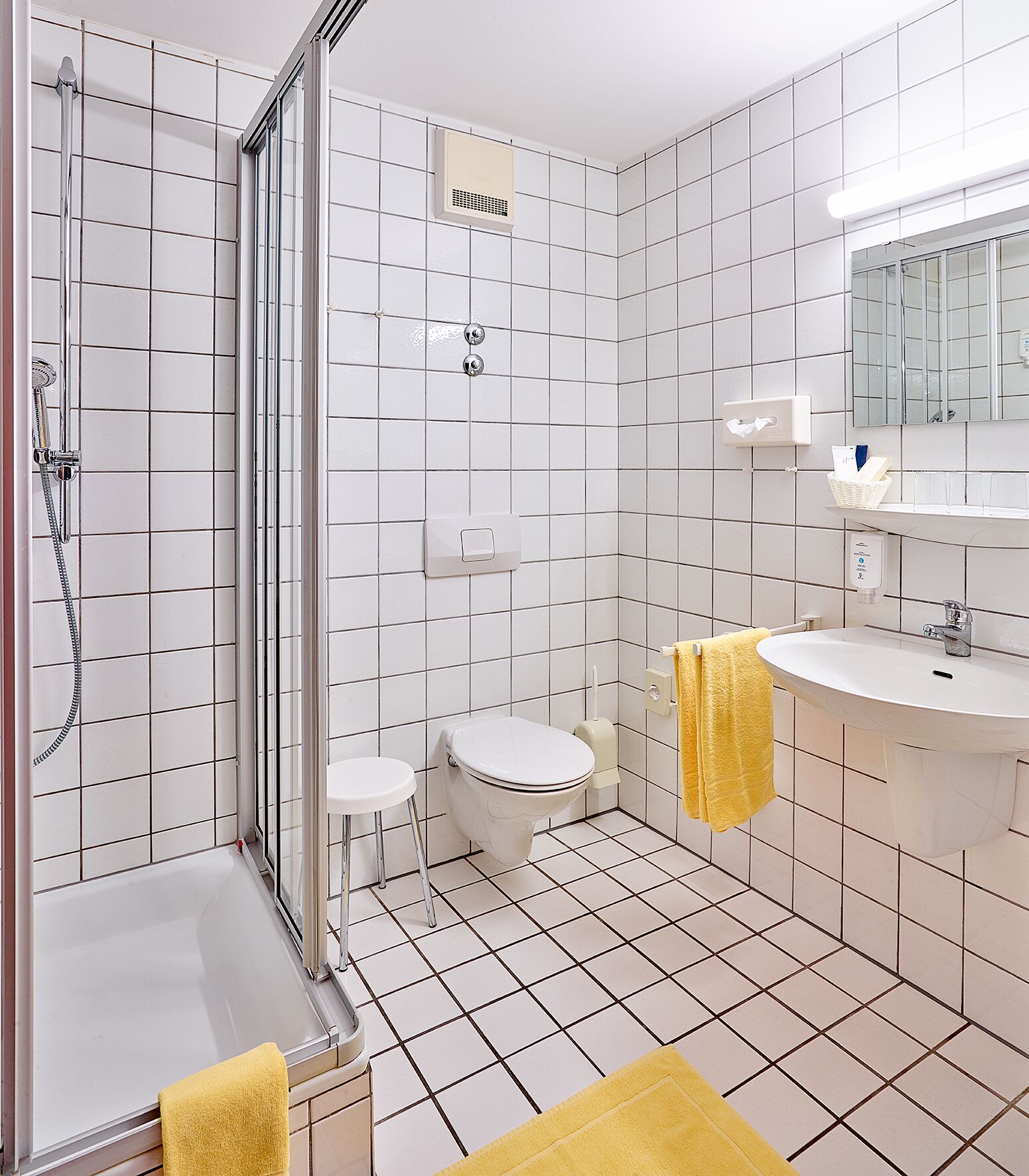 standard double room | bathroom | shower, hair dryer, towels, soap