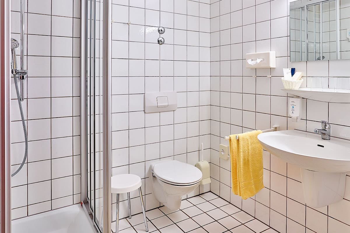standard double room | bathroom | shower, hair dryer, towels, soap