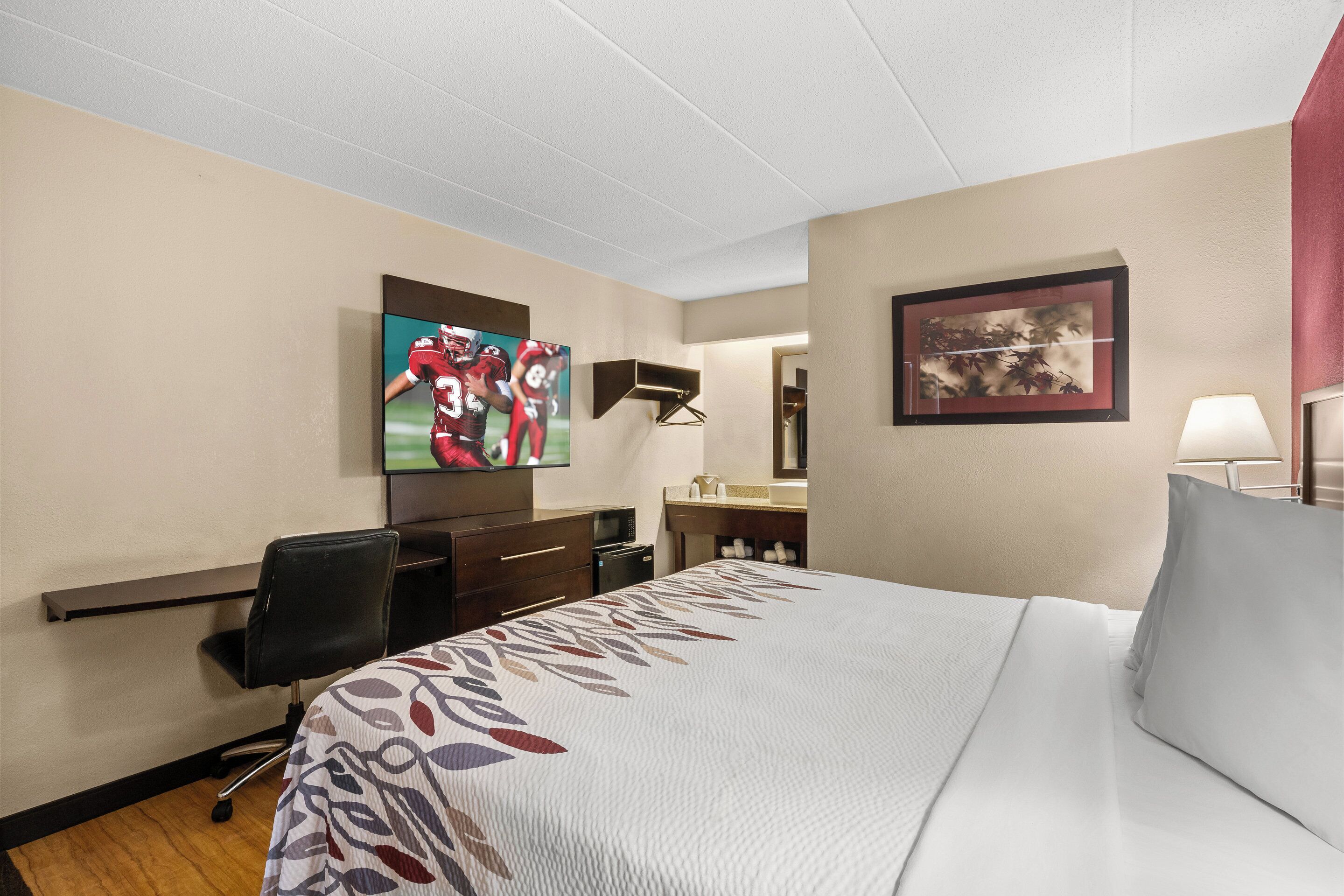 A hotel room with a large bed, a desk, a chair, a TV mounted on the wall, a bathroom vanity, and a framed picture on the wall.