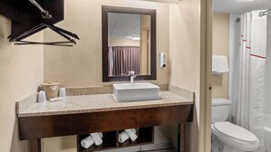 A bathroom with a sink, mirror, towel rack, and shower curtain. - Red Roof Inn Lansing East – MSU (Lansing)