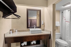 A bathroom with a sink, mirror, towel rack, and shower curtain. - Red Roof Inn Lansing East – MSU (Lansing)
