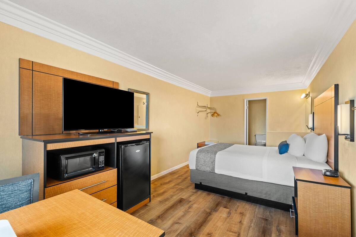 A hotel room with a bed, a desk with a flat-screen TV, a microwave, and a refrigerator.