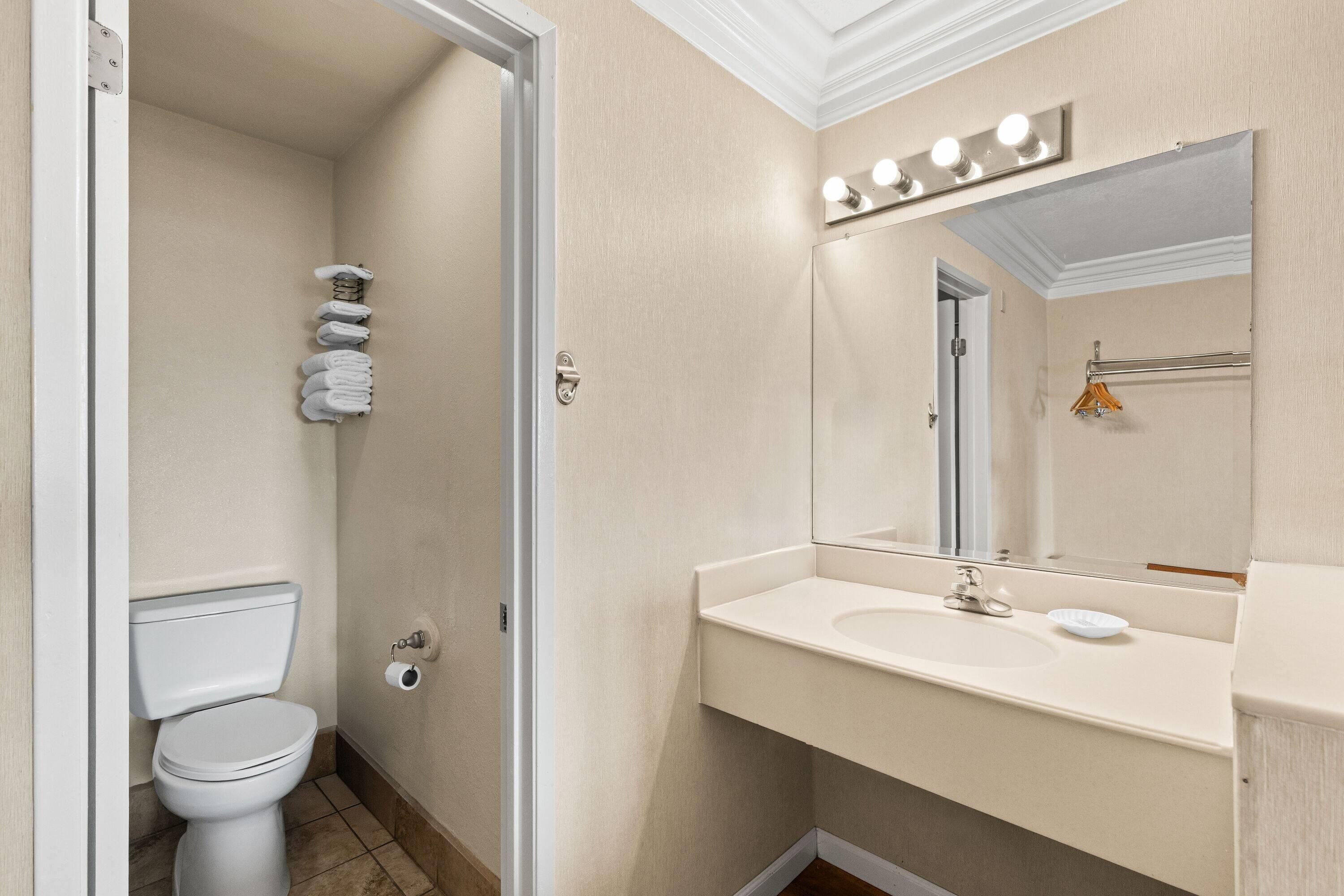 Un baño con inodoro, lavamanos y espejo.