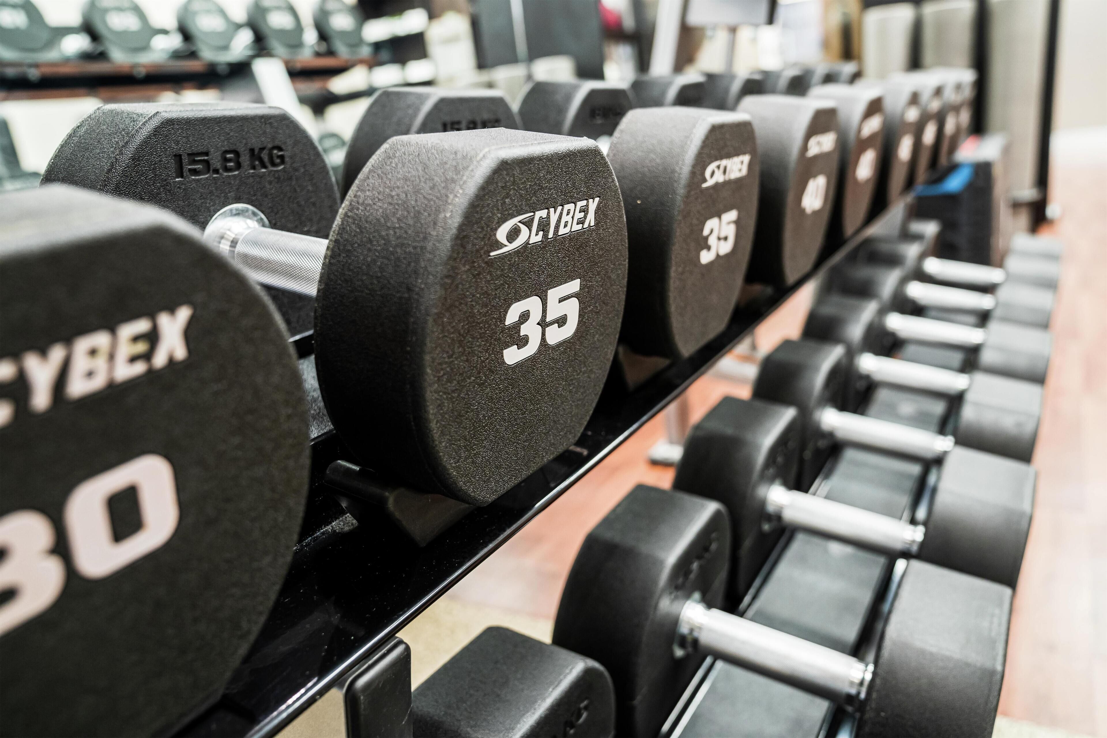 A rack of dumbbells with weights labeled from 15.8 kg to 40 kg.