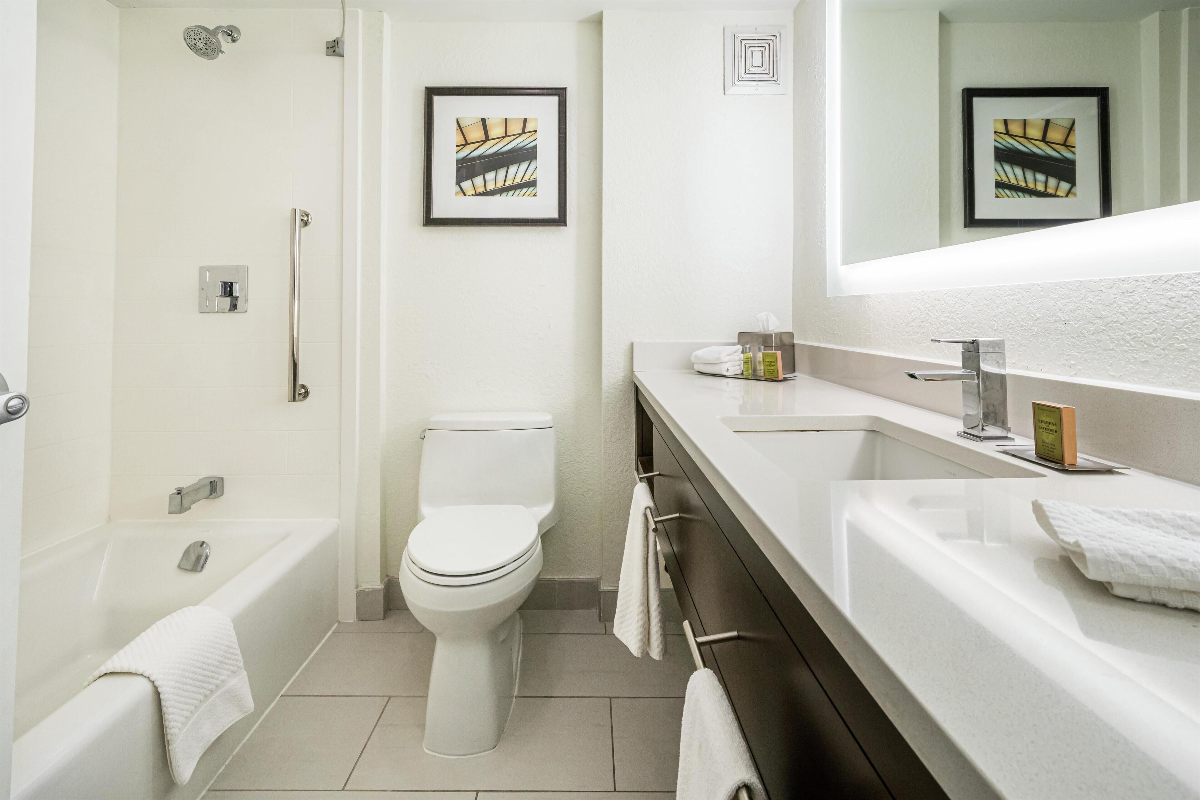 Un baño moderno con bañera, inodoro y tocador con un espejo grande.
