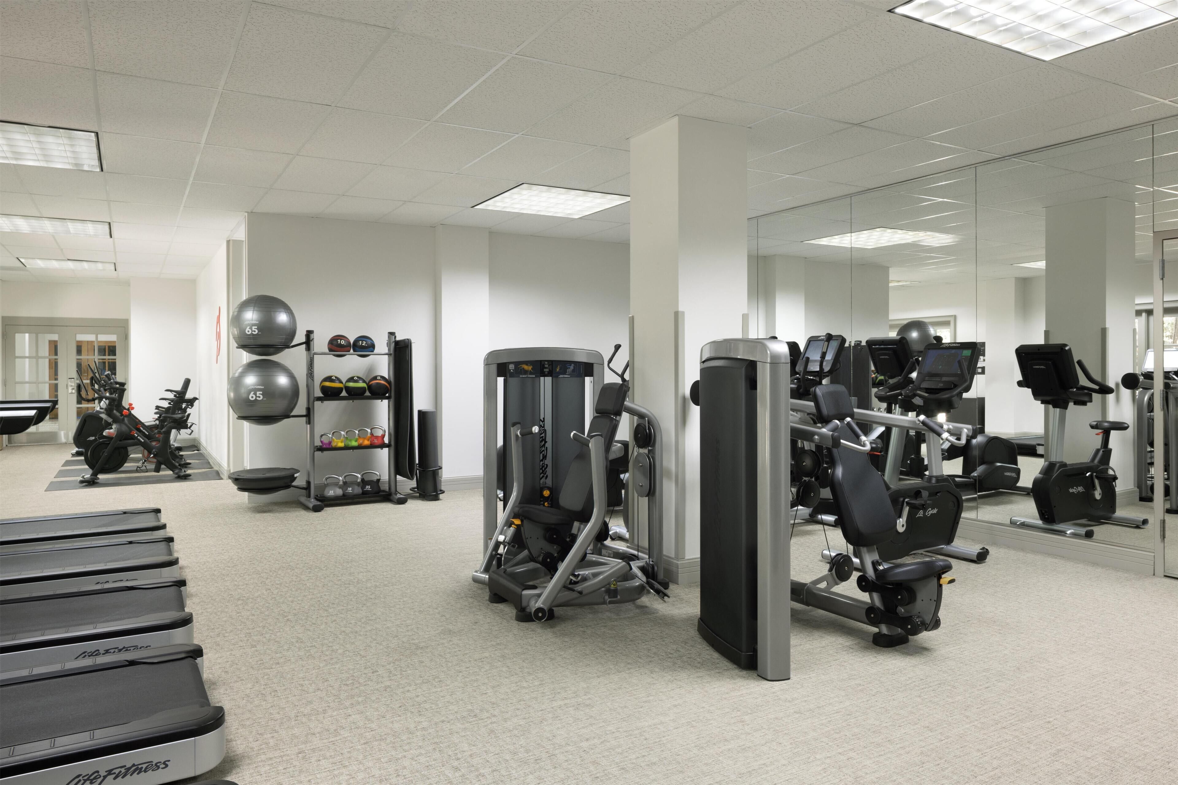 A gym with treadmills, exercise equipment, and a mirrored wall.